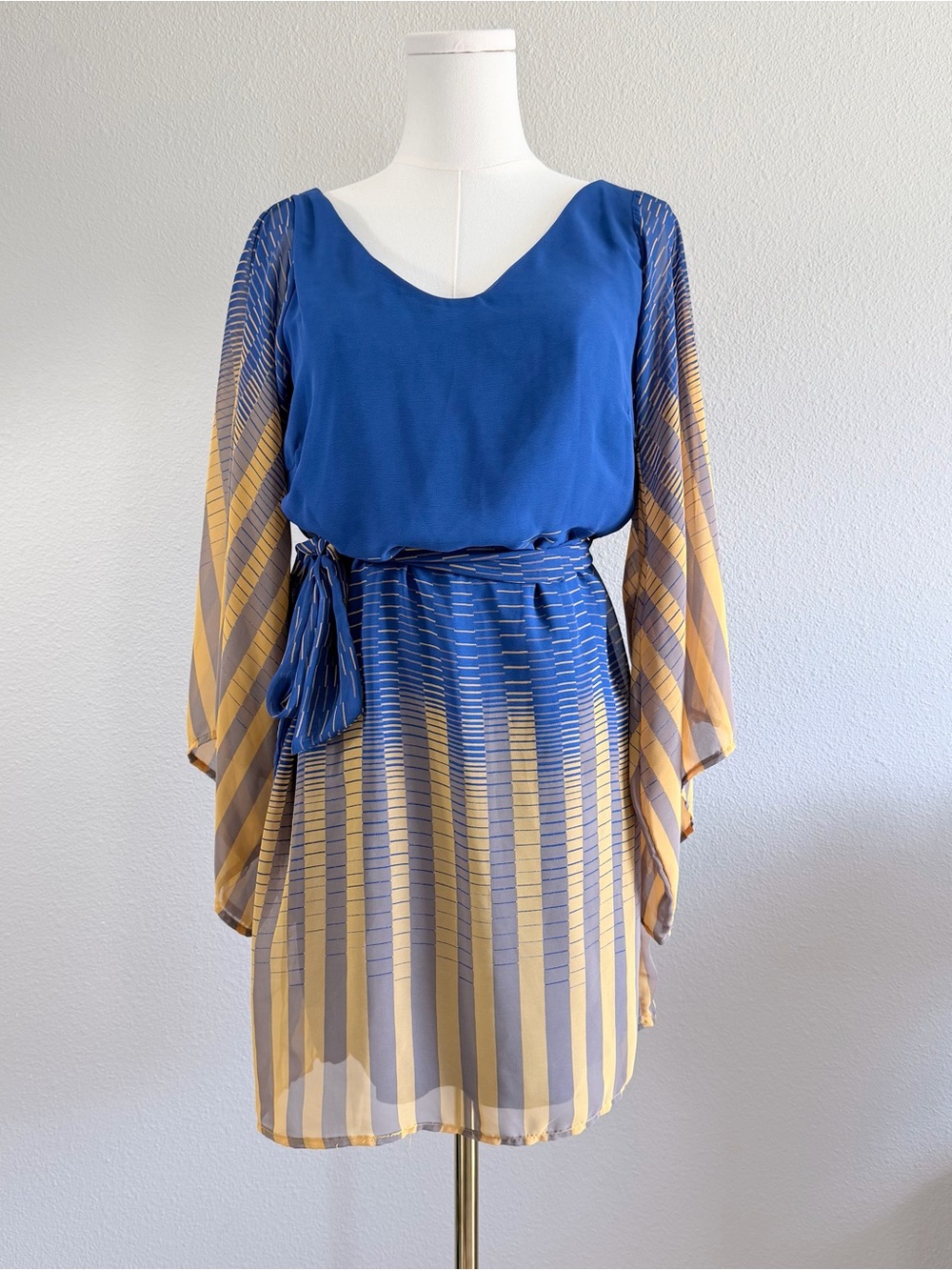 Hello Miss Blue Striped Dress Maximalist Flowy Batwing Sleeve Chiffon MinDress S